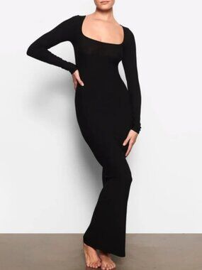 Skims Long Sleeve Soft Lounge Maxi Dress Onyx